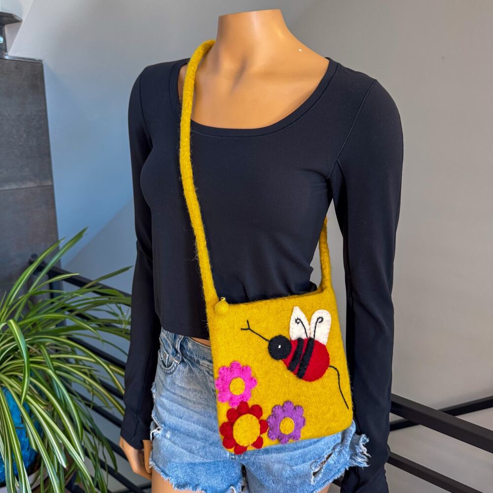 BNB Handmade Nepal Felted Wool Bumble Bee & Flowers Crossbody Bag - Yellow